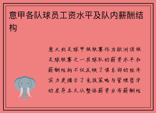 意甲各队球员工资水平及队内薪酬结构